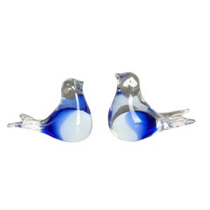Art Glass birds set of 2 cobalt clear paperweight figures bird